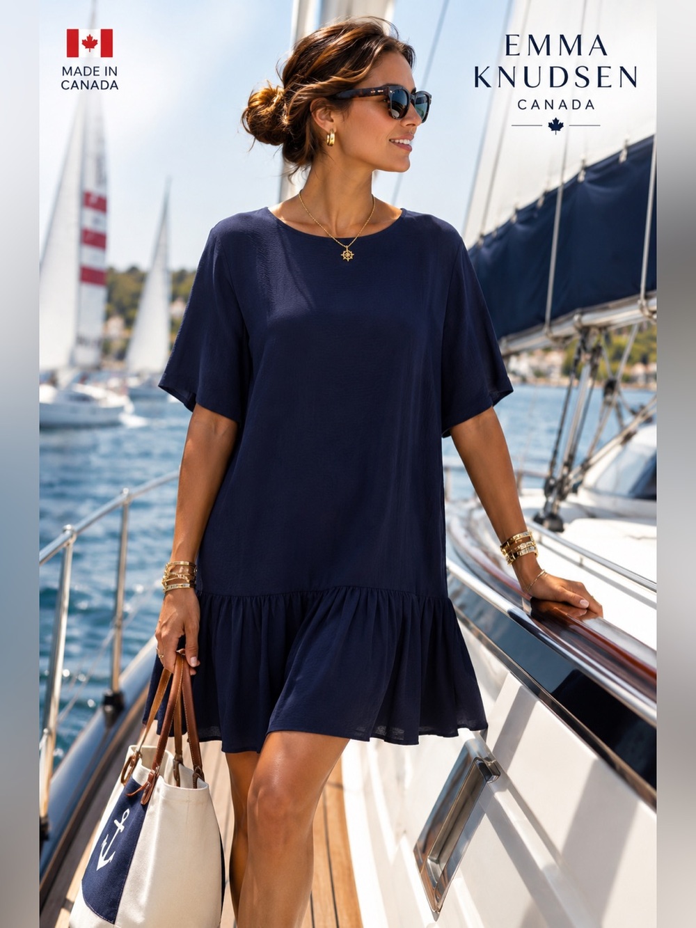 Emma Knudsen Made in Canada Navy Oversized Drop Waist Ruffle Mini Dress Size Med